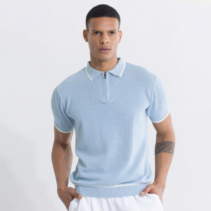 Blue Self Design Slim Fit Pure Cotton T-shirt